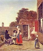 Hof mit zwei Offizieren und trinkender Frau Pieter de Hooch